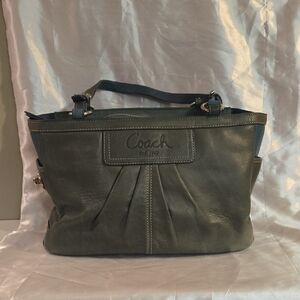 Coach Gray Blue Leather Shoulder Bag with Pleated Details